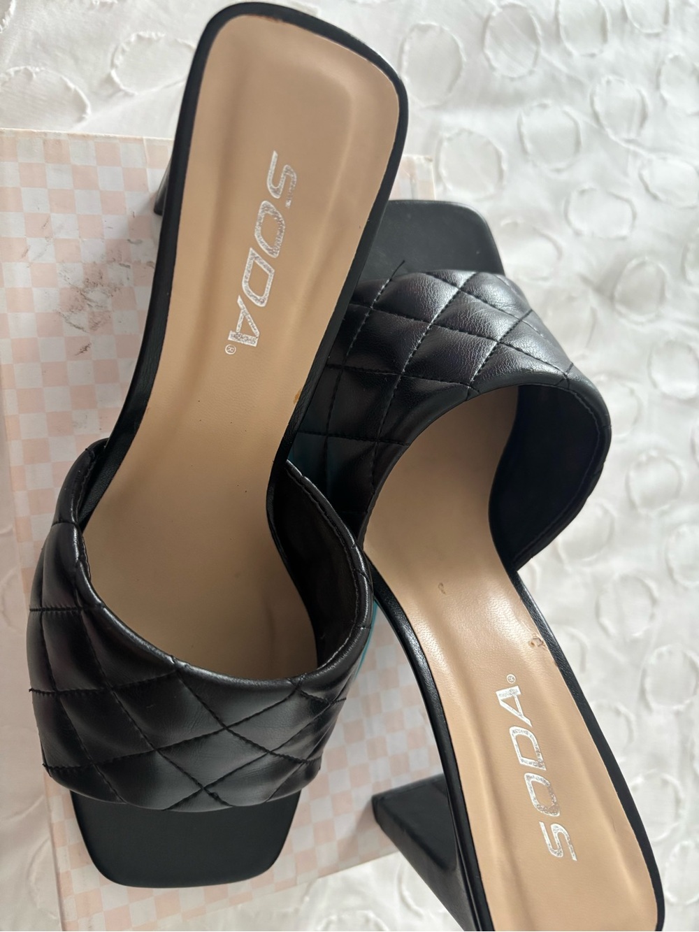 Soda Black Quilted Slide Mule Heels